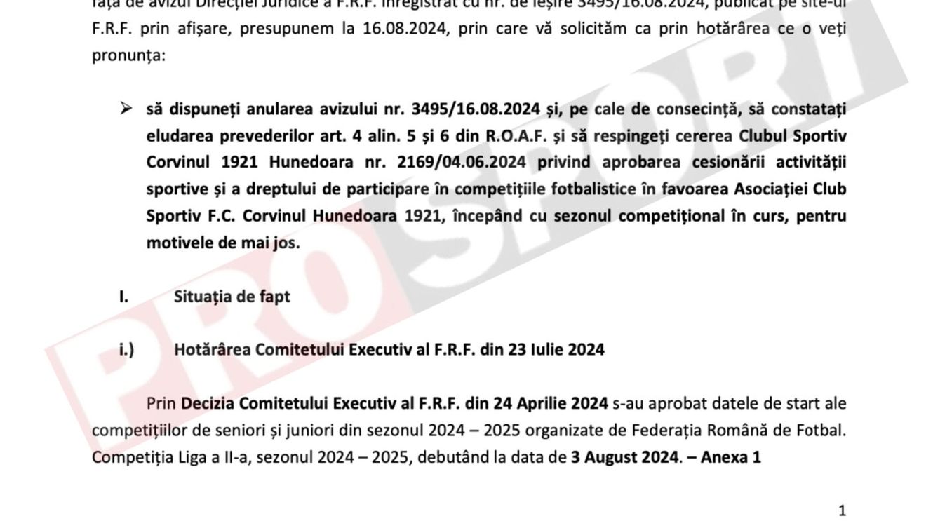 Documentul care a interzis-o pe Corvinul Hunedoara în Superliga! Ce a contestat un club din Liga 2 la FRF. EXCLUSIV