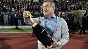 Fotbalistul FCSB l-a scos din minți pe Gigi Becali, după ce i-a stropit costumul scump cu şampanie! „S-a supărat pe el"