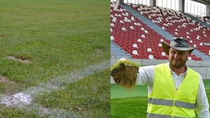 Terenul de la Arad, oribil înainte de UTA - Craiova: „Penibil!”. Ce spune reprezentantul firmei care a montat gazonul: „Dacă spuneți că stă apa pe gazon...”