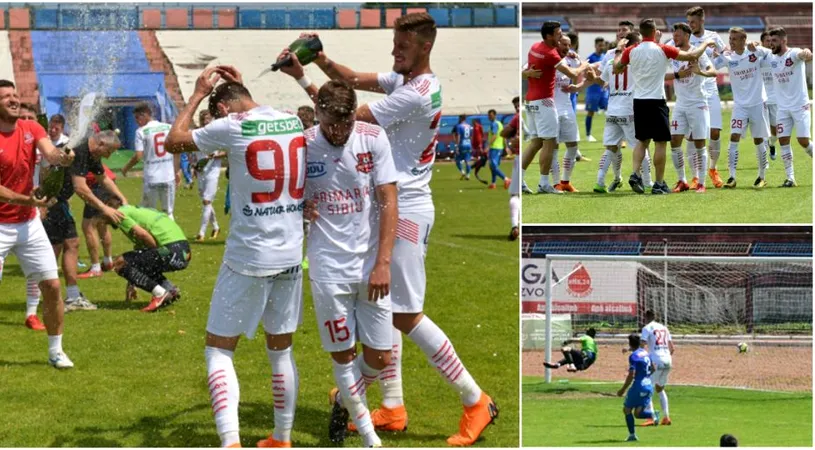 FC Hermannstadt a sărbătorit cu șampanie promovarea matematică în Liga 1, pe terenul Chindiei.** Târgoviștenii au fost fair-play cu sibienii | Reacțiile antrenorilor