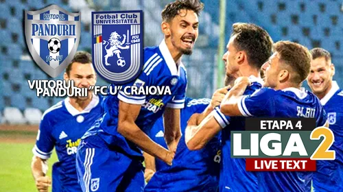 ”FC U” Craiova câștigă la scor meciul cu Viitorul Pandurii și devine noul lider al Ligii 2, devansând Rapid la golaveraj