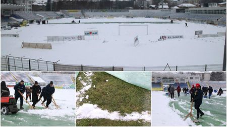 VIDEO | Deszăpezire contra cronometru! Terenul unde se joacă FC Botoșani - FCSB este acoperit cu zăpadă: "Nu ne putem pune cu natura". S-a făcut apel la suporteri