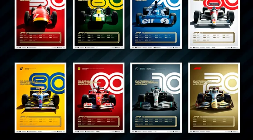 Formula 1: cele 8 postere de colecție care se vor vinde înainte de cursa de la Silverstone. Cine apare pe fiecare afiș și care este motivația fiecărei fotografii