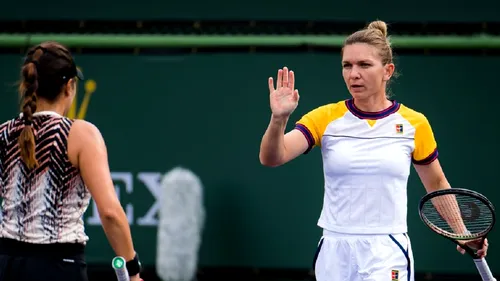 Simona Halep și Gabriela Ruse au câștigat un meci nebun în proba de dublu la Indian Wells! De ce s-a enervat Simo și a dat cu racheta de pământ | VIDEO