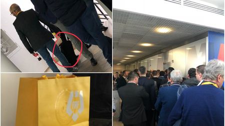 FOTO | "Atârnătorii fotbalului românesc": membrii Adunării Generale a FRF, omeniți cu chiolhan pantagruelic și geamantane la hotelul lui Negoiță. Coadă uriașă la punguțe cu cadouri, la sfârșitul ședinței