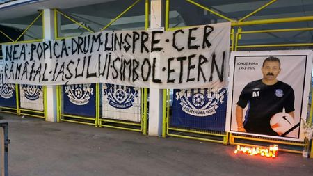 Momente tulburătoare la stadionul din Copou, transformat în altar. Suporterii i-au adus un ultim omagiu lui Ionuț Popa: „Nea Popică, drum lin spre cer. Rămâi al Iașiului simbol etern”