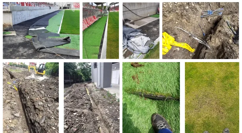 FOTO | Noi probleme la stadionul din Arad. Constructorul arenei a apelat la ”cârpeli” pentru a repara sistemul de irigare al gazonului, pe care singur l-a tăiat. Firma care a montat suprafața de joc își anulează garanția