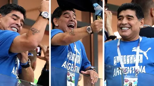Maradona a furat show-ul! Reacții peste reacții la tribuna oficială și un gest cât o mie de cuvinte. FOTO & VIDEO | Ce a putut face „D10S” cu tricoul lui <i class='ep-highlight'>Leo</i> <i class='ep-highlight'>Messi</i>