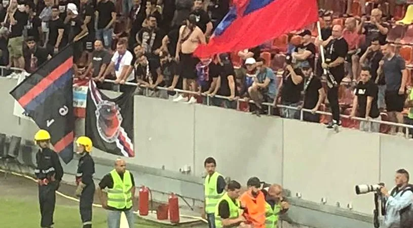 VIDEO | Derby Steaua - Rapid: Un agent de pază a fost ținta petardelor lansate de steliști! A fost nevoie de intervenția medicilior pentru a-și reveni