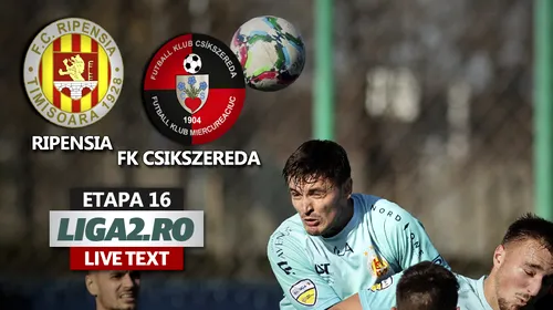 FK Csikszereda se impune în mocirla de la Timișoara, cu Ripensia, și intră serios în cărțile pentru play-off. Bănățenii au avut gol anulat la ultima fază