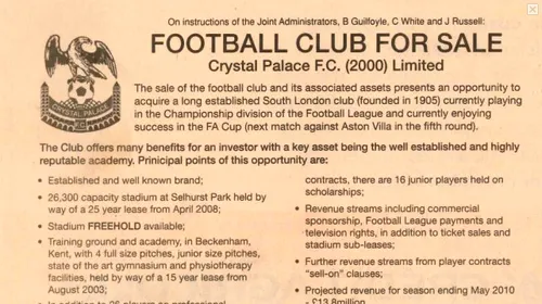 Clubul Crystal Palace,** scos la vânzare prin mica publicitate