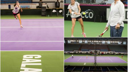 GALERIE FOTO | Primele schimburi de mingi din patinoarul în care se va juca tenis. Jucătoarele Spaniei au testat terenul de la Galați