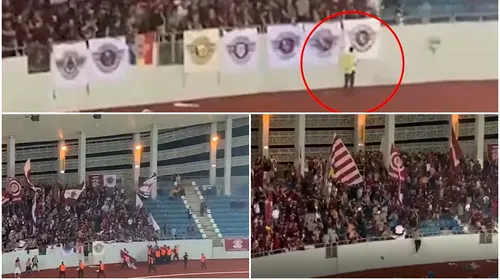 Imagini halucinante: un steward angajat să asigure paza pe stadion încearcă să fure un steag de gard al Rapidului! De aici a plecat toată nebunia la meciul cu FC U Craiova | VIDEO