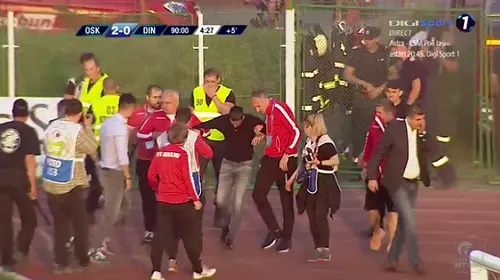 Incidente reprobabile la Sf. Gheorghe! Un fan dinamovist a intrat pe teren și a luat un steag al Ungariei, ultrașii au rupt gardul, iar partida a fost întreruptă. Jandarmii au intervenit, Dănciulescu a fost lovit și afectat de gaze | FOTO