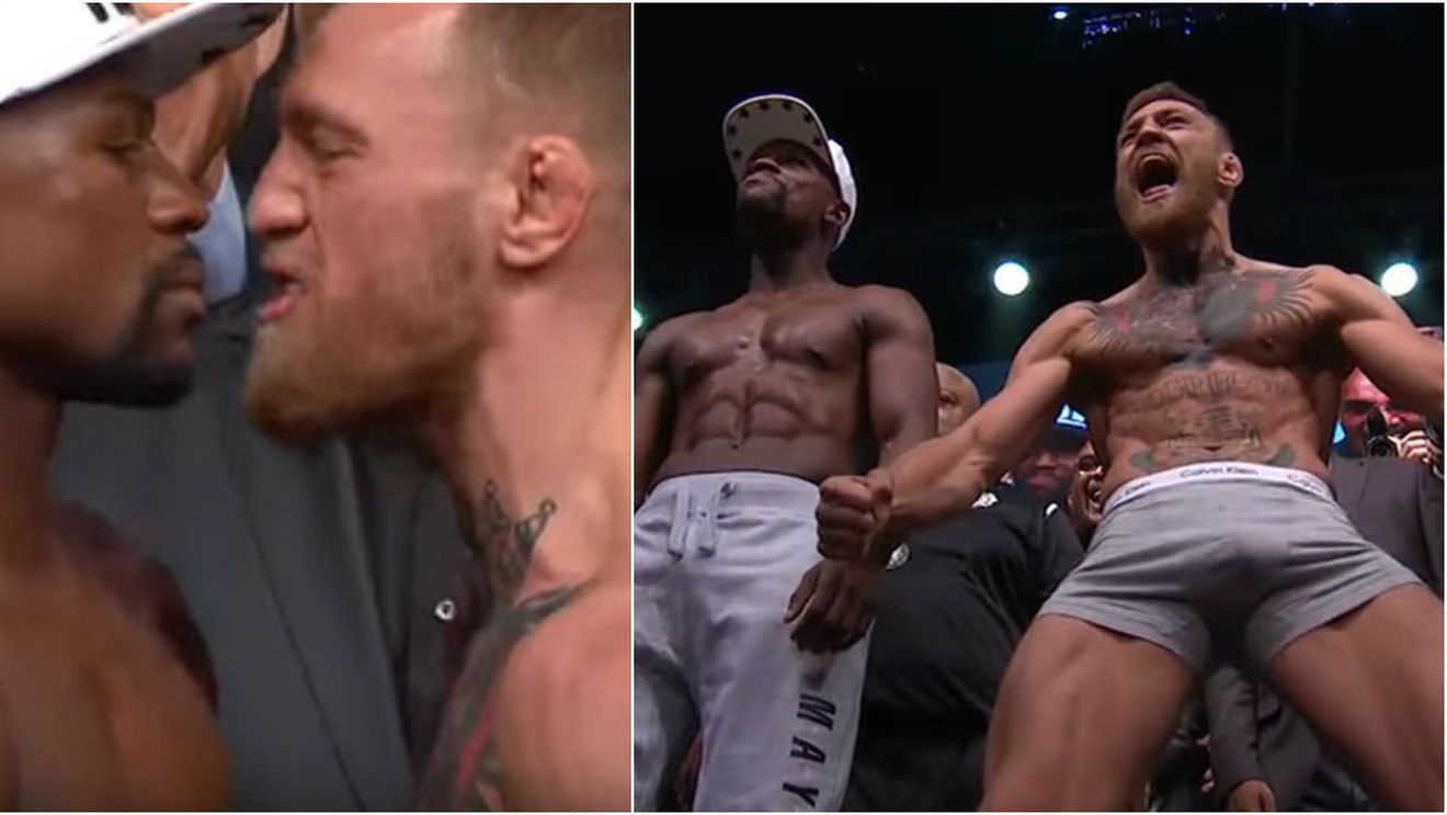 A început Meciul Secolului! VIDEO | McGregor l-a înfruntat pe Mayweather chiar după cântarul oficial. Reacția "de gheață" a americanului și câți bani vor împărți cei doi