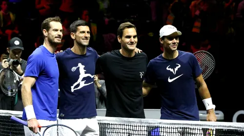 Imaginea zilei în tenis! 66 de titluri de Grand Slam au încăput în aceeași poză: Roger Federer, Rafael Nadal, Novak Djokovic și Andy Murray, antrenament împreună la Laver Cup | GALERIE FOTO