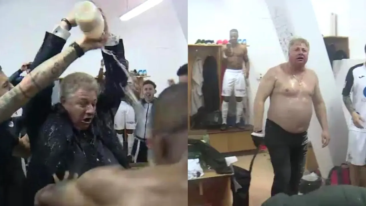 SHOW în vestiar! Ioan Mărginean s-a dezbrăcat la bustul gol și a făcut striptease după calificarea lui Gaz Metan în play-off! Imagini fabuloase! FOTO