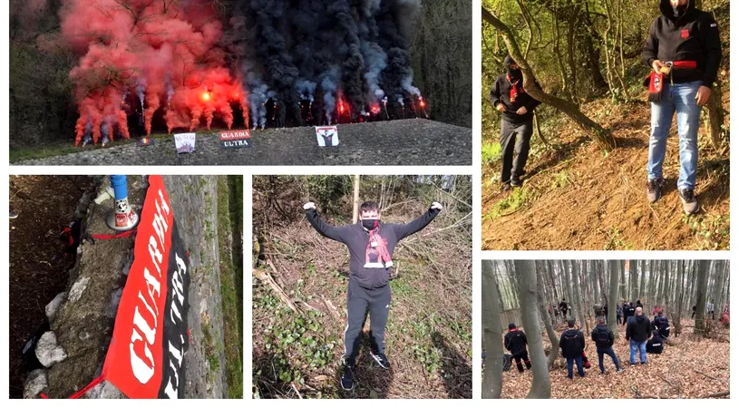 FOTO | Suporterii Reșiței, protest inedit față de o decizie a Jandarmeriei! S-au legat cu lanțuri de copaci pe dealul de lângă stadion: ”Pentru a pleca de aici e nevoie de un flex, ori de o drujbă”