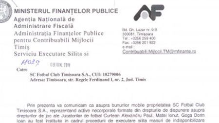 FOTO** Iată DOVADA că ANAF a pus sechestru pe 3 dintre jucătorii lui Poli! Șeful Fiscului din Timiș a greșit însă lista
