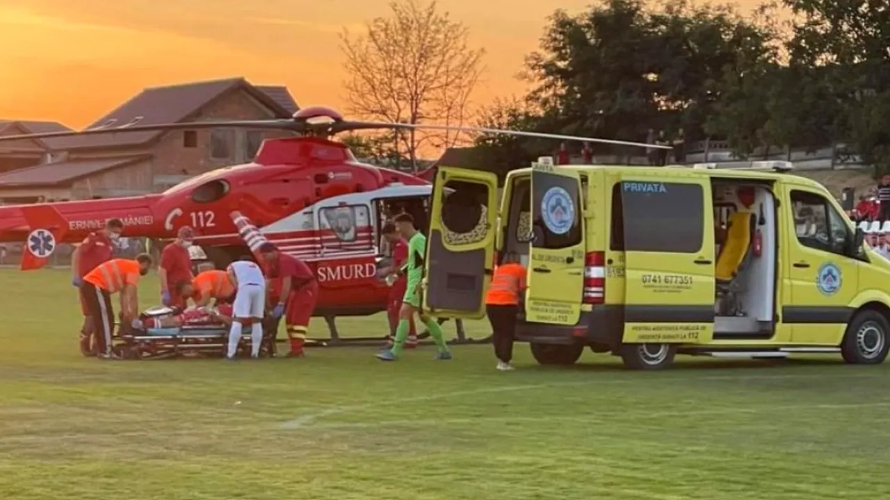 Momente de panică! Portarul a suferit o comoție cerebrală și a fost transportat la spital cu un elicopter SMURD