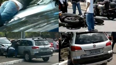 Scene de groaza pe sosea! VIDEO - Femeia care s-a urcat pe un motociclist cu SUV-ul