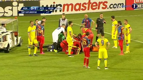 FOTO | Momente incredibile la ASA – Steaua. Andrei Ciolacu l-a făcut KO pe Râpă cu o lovitură de cot. Fundașul stelist a fost transportat la spital
