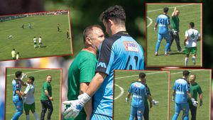 Reacția portarului Ceahlăului, după ce antrenorul Dumbrăviței l-a atacat mârșav pe la spate. Stefan Krell, uluit de gestul de maidan al lui Cosmin Stan