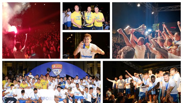 FOTO și VIDEO | A fost atmosferă incendiară în centrul Ploieștiului, la petrecerea în care Petrolul a primit trofeul de campioană a Ligii 2 și a sărbătorit alături de mii de fani promovarea în Liga 1