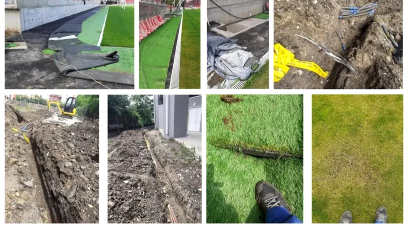 FOTO | Noi probleme la stadionul din Arad. Constructorul arenei a apelat la ”cârpeli” pentru a repara sistemul de irigare al gazonului, pe care singur l-a tăiat. Firma care a montat suprafața de joc își anulează garanția