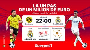 Real Madrid - Dortmund îi poate aduce un milion de euro unui parior Superbet! Vezi biletul fabulos, de cotă 421064.85. ADVERTORIAL