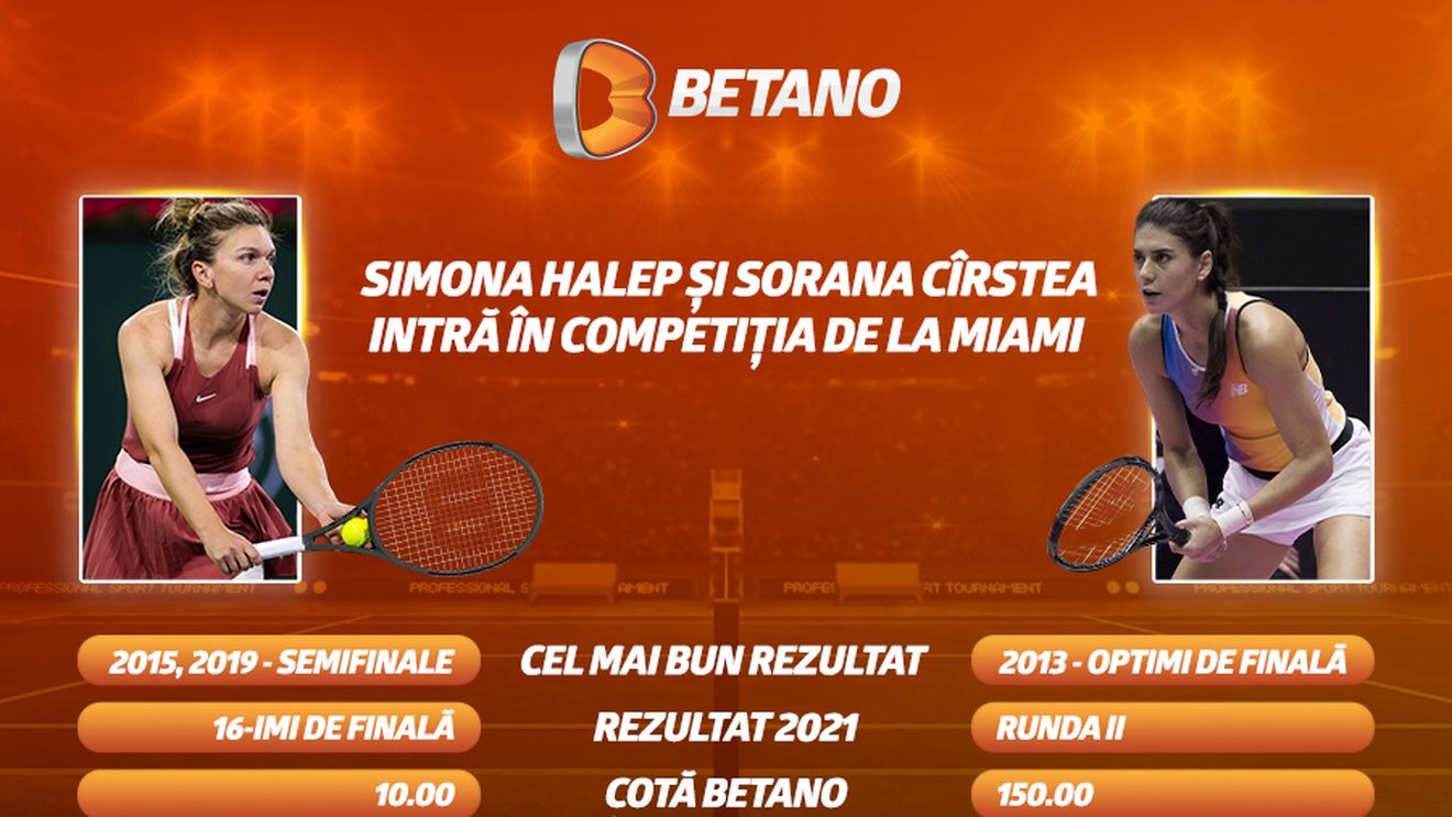 START pentru Cîrstea și Halep în turneul de la Miami! Cote Maxime, Streaming LIVE și oferte speciale pe Betano