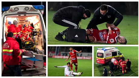 FOTO și VIDEO | Robert Neciu, accidentat grav în meciul cu Rapid și transportat cu ambulanța la spital. Primul diagnostic pentru titularul lui ”U” Cluj