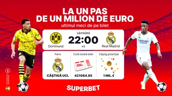 Real Madrid – Dortmund îi poate aduce un milion de euro unui parior Superbet! Vezi biletul fabulos, de cotă 421064.85. ADVERTORIAL