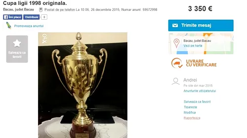 Caz incredibil în fotbalul românesc: singurul trofeu din istoria lui FCM Bacău a fost scos la vânzare pe internet. Cupa Ligii, câștigată în 1998, costa 3.350 â‚¬