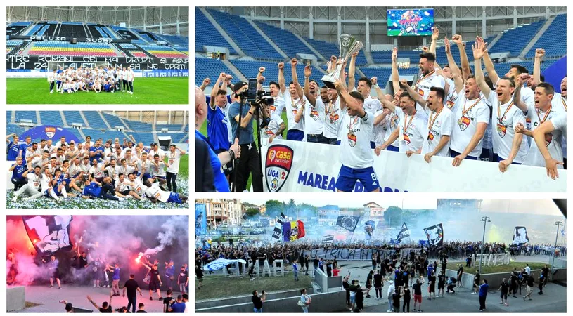 ”FC U” Craiova a primit trofeul de campioană a Ligii 2! Jucătorii au sărbătorit alături de suporteri promovarea în Liga 1. Peluza Sud 1997 a făcut show în fața stadionului ”Ion Oblemenco” | FOTO și VIDEO