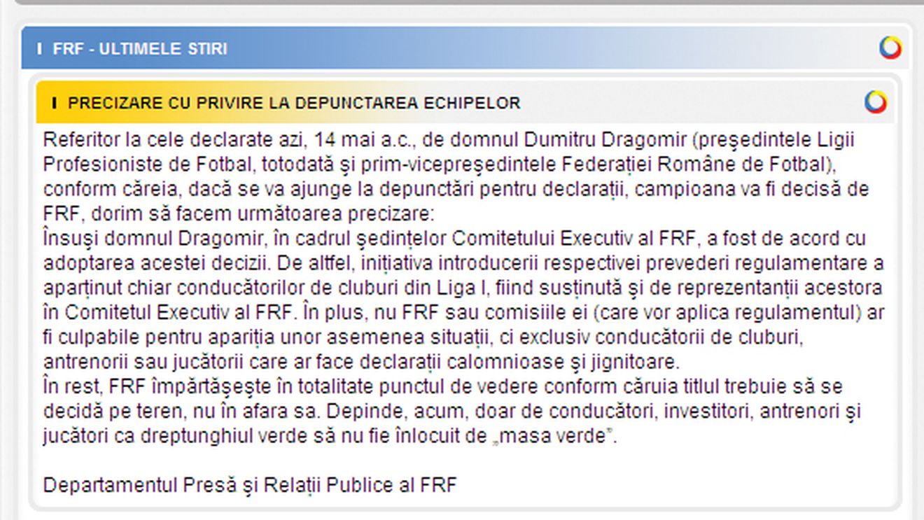 Site-ul FRF: "Dragomir a fost de acord cu depunctarea pentru declarații"