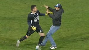 FOTO | Fază șocantă în prelungirile meciului Farul - Dunărea 2-6. Un suporter al "marinarilor" a pătruns pe teren și s-a luat la bătaie cu portarul constănțenilor