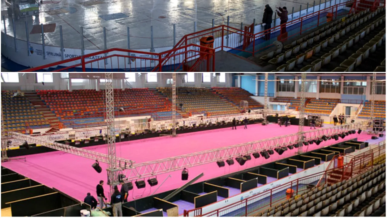 GALERIE FOTO | Patinoarul din Galați, transformat complet în arenă de tenis pentru meciurile de la FedCup. Simona Halep stabilește suprafața de joc: 