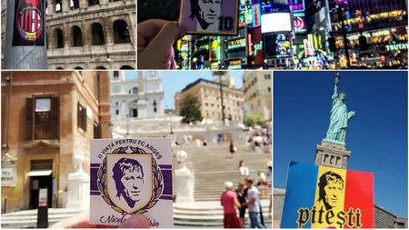 Ocolul pământului cu Nicolae Dobrin! Suporterii mențin viu spiritul "Gâscanului". FOTO | Chipul "Prințului din Trivale" a ajuns în toate colțurile lumii: din New York și Tokyo până în Amsterdam și Sicilia