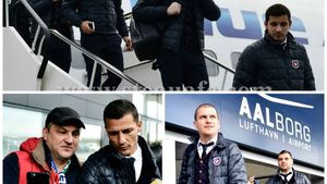 "Alo, am ajuns cu bine!" Steliștii au fost întâmpinați de fani la Aalborg. "3.000 de români vor fi în tribune", a spus antrenorul echipei daneze | FOTO