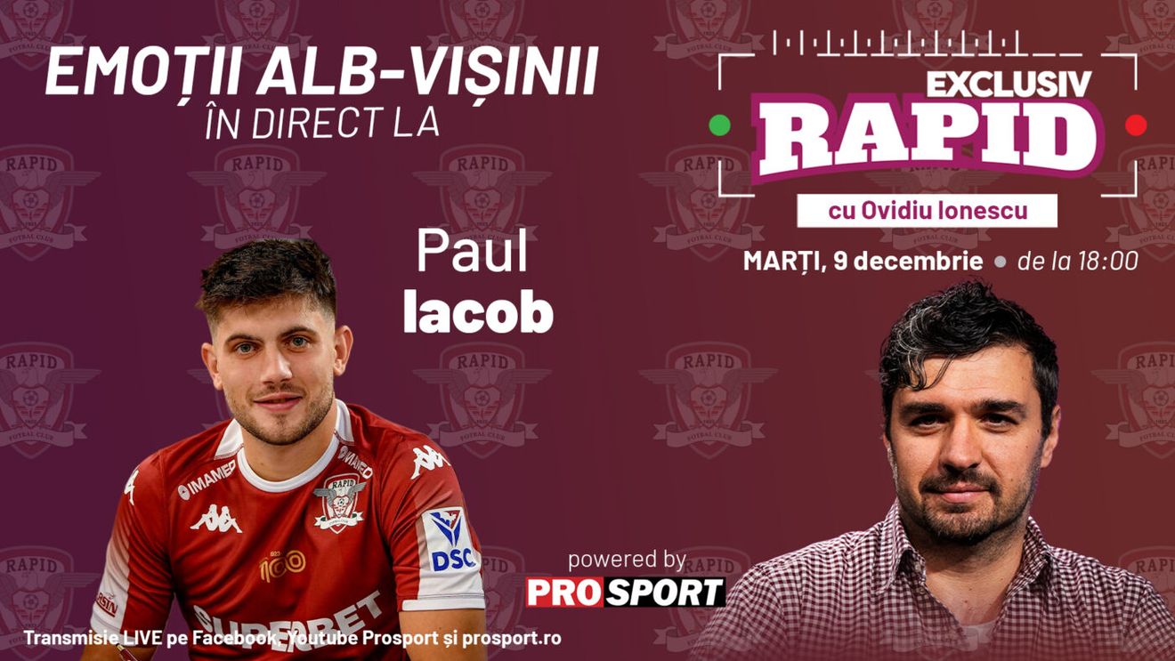 Rapid e pe locul 1 în liga 1 înainte de meciurile cu Otelul și FCSB, iar Paul Iacob vine astăzi la "EXCLUSIV RAPID", în direct pe YouTube - ProSport, de la 18:00