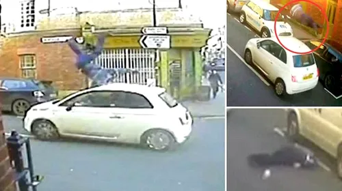Imagini șocante cu un pieton lovit de o mașină și aruncat 5 metri în aer! Șoferul a fugit de la locul accidentului. VIDEO