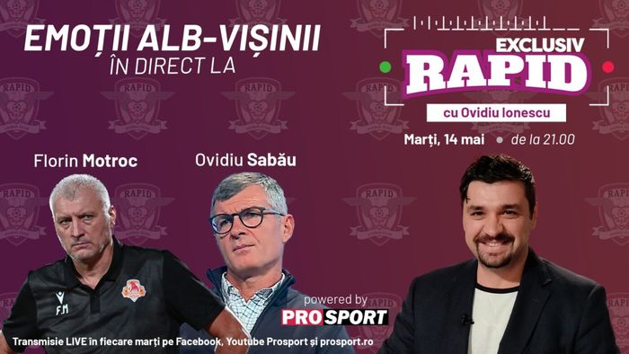 Ioan Ovidiu Sabău și Florin Motroc sunt invitați la „EXCLUSIV RAPID” marți, 14 mai, de la ora 21.00
