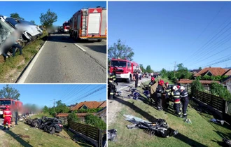 Accident teribil în Tomşani, Vâlcea. Impact violent între un autocar cu 51 de elevi şi un autoturism. Un tânăr de 22 de ani a murit