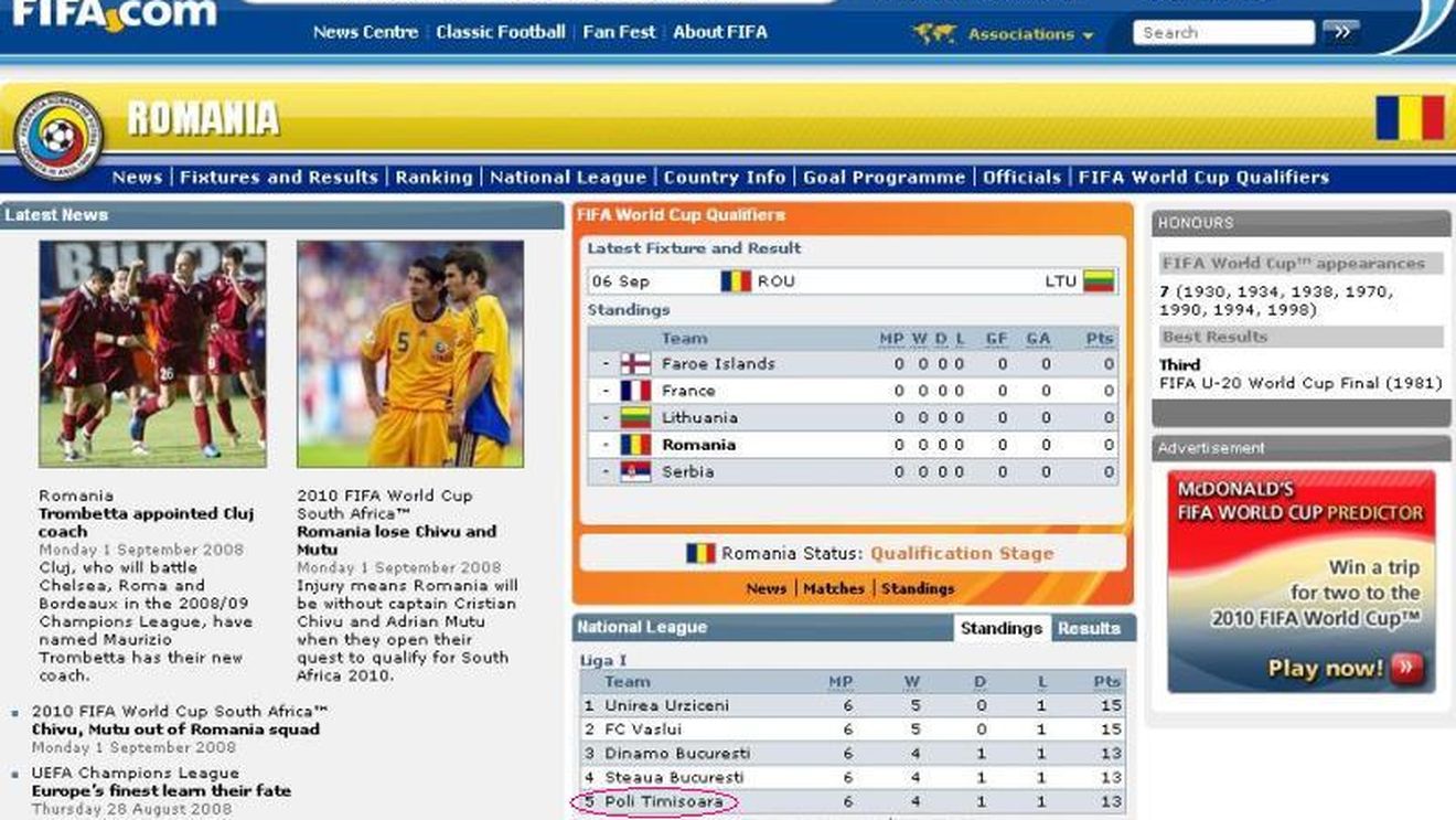 "Poli Timișoara" în loc de "FC Timișoara" pe site-ul FIFA