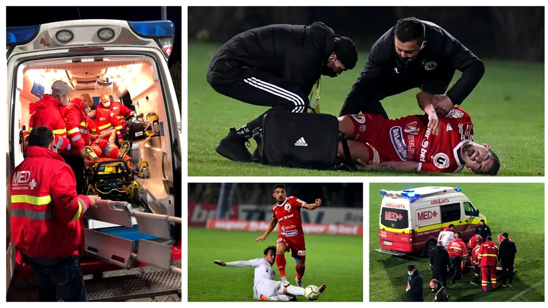 FOTO și VIDEO | Robert Neciu, accidentat grav în meciul cu Rapid și transportat cu ambulanța la spital. Primul diagnostic pentru titularul lui ”U” Cluj