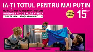 (P) Totul pentru mai puțin, de la Telekom! Pachetul Telekom Complet: mobil cu Net Nelimitat 4G, Internet fix de mare viteză și televiziune, cu HBO și HBO GO incluse până la finalul anului, la doar 15 euro / lună. 
