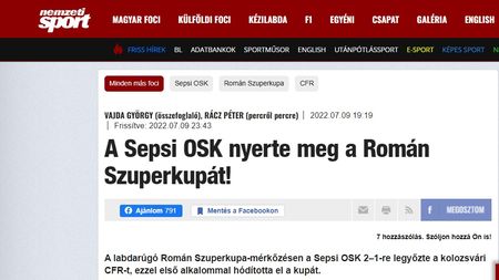 Ziarele de la Budapesta exultă după performanța celor de la Sepsi! „Au fost cântece maghiare, printre care şi Ria, Ria, Hungaria!"