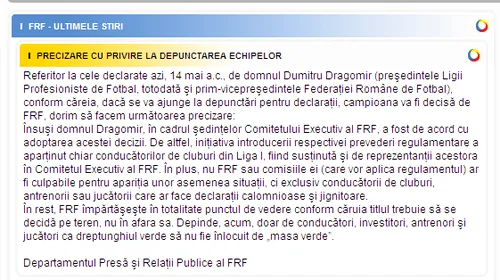 Site-ul FRF: „Dragomir a fost de acord cu depunctarea pentru declarații”