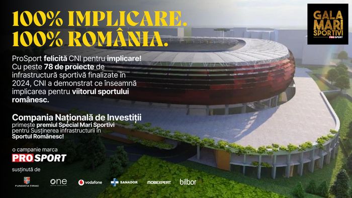 Compania Națională de Investiții a primit premiul special pentru Susținerea infrastructurii în Sportul Românesc la Gala Mari Sportivi ProSport 2024! CNI, 78 de proiecte finalizate în acest an